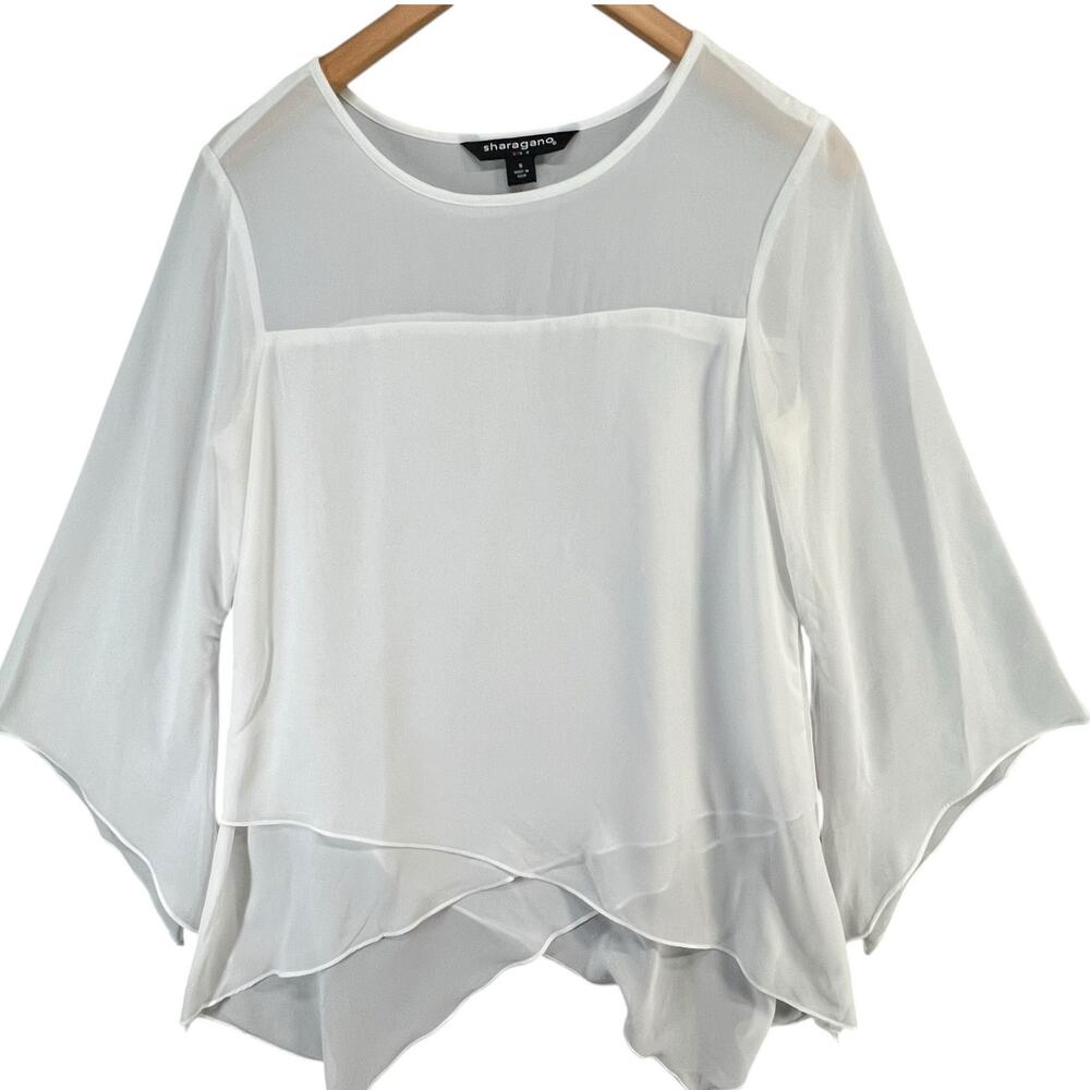 Sharagano Blouse Womens‎ S White Bell Slit Sleeve Asymmetric Layers Modern Fairy